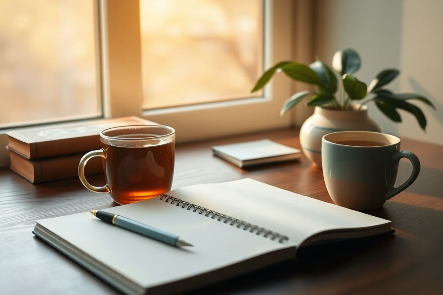 Desk with notebook, pen, and tea near a window