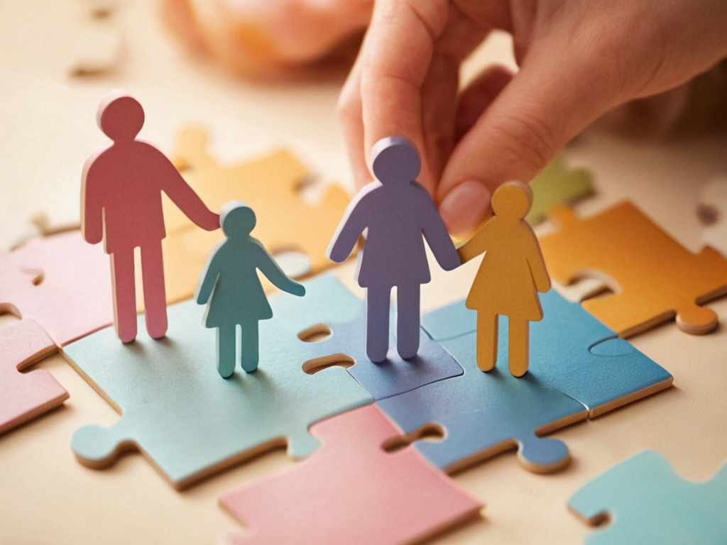 A warm, slightly blurry illustration of a family puzzle with pieces fitting together, representing f